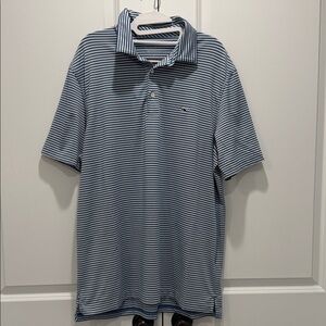 Vineyard Vines Men’s Performance Polo, Heathered Blue & White Striped, Large